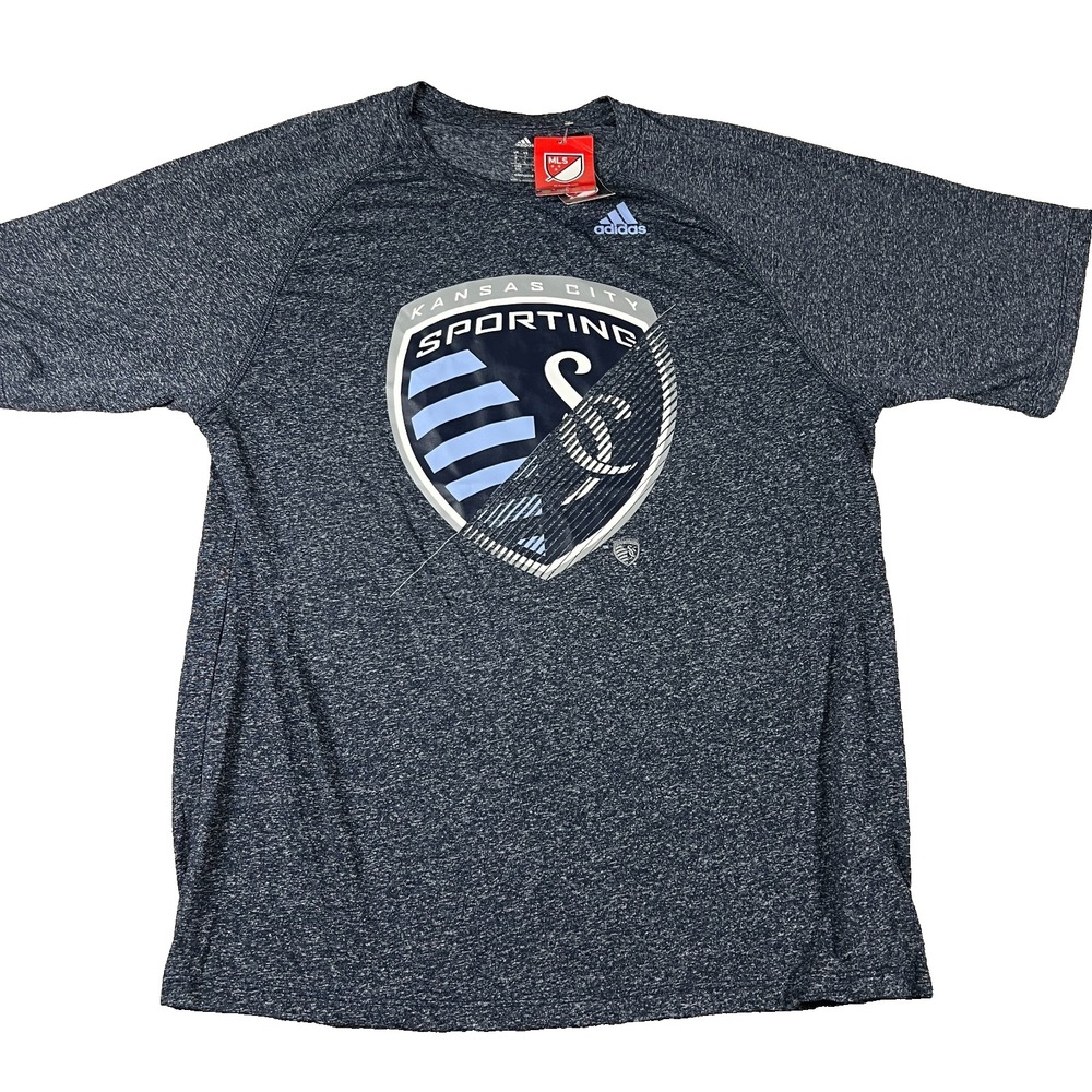 Adidas Mens Large Heather Blue Sporting‎ Kansas City MLS Climalite T-Shirt NWT